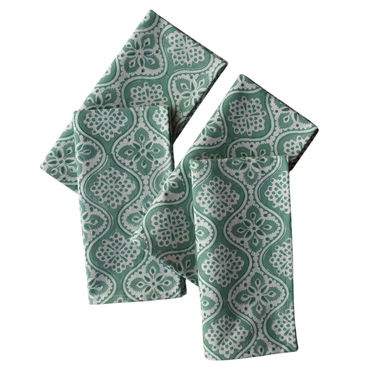 Hand Block Printed Cotton Napkin 45x45 cms Set of 4 Napkins Ogee Green 207990