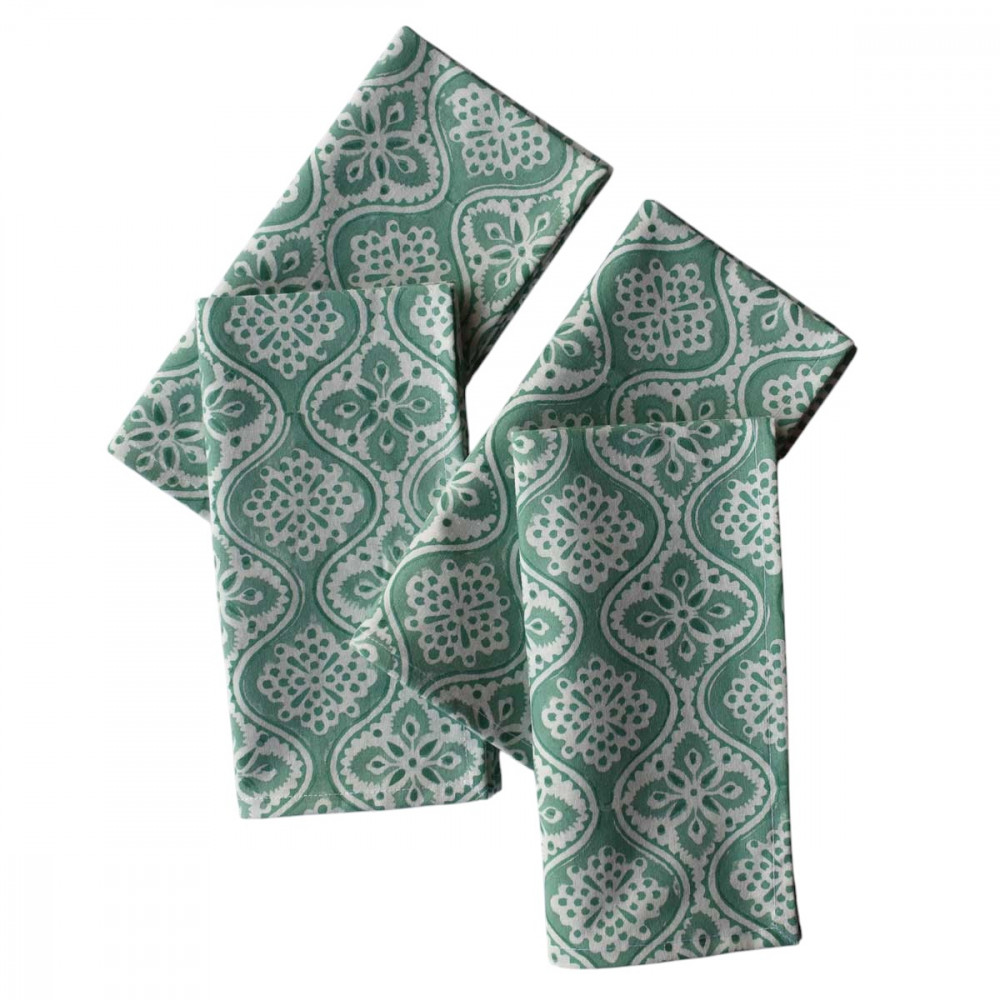 Image of Hand Block Printed Cotton Napkin 45x45 cms (Set of 4 Napkins) | Ogee Green 207990