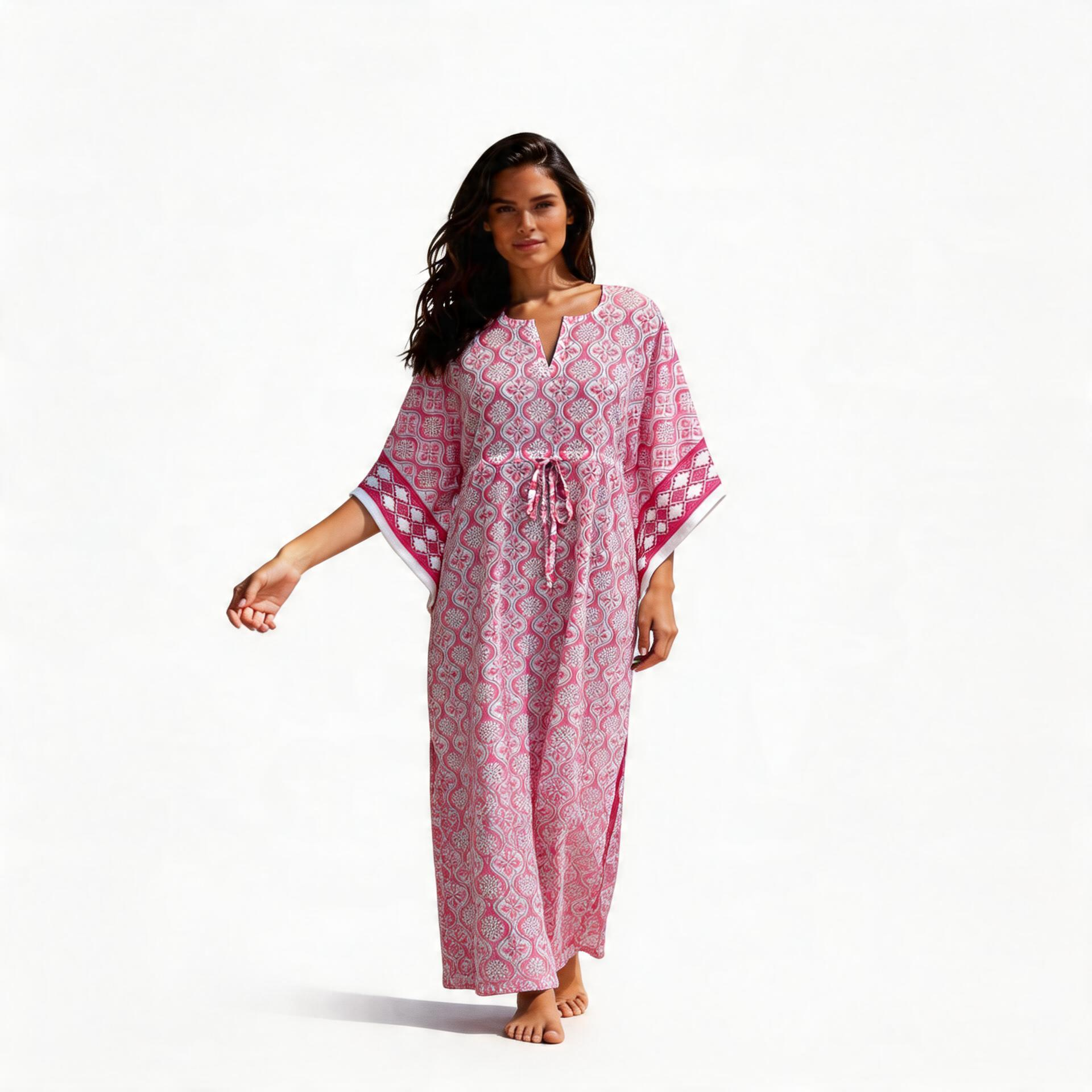 Long Size Kaftan Free Size Indian Block-Printed Loungewear in Soft Cotton Voile Ogee Pink 701951
