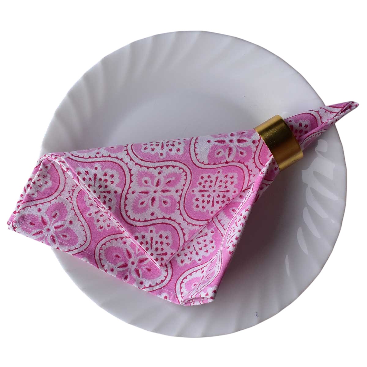 Hand Block Printed Cotton Napkin 45x45 cms Set of 4 Napkins Ogee Pink 701951