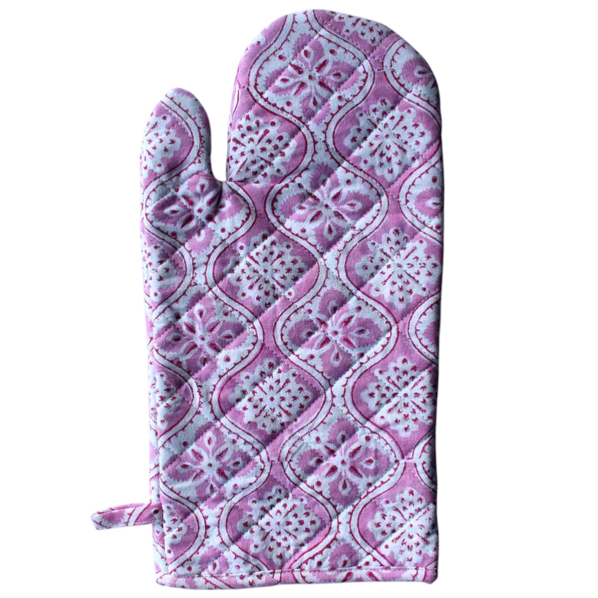 Artisan-Made Hand Block Printed Oven Mitt and Pot Holder Set Ogee Pink 701951