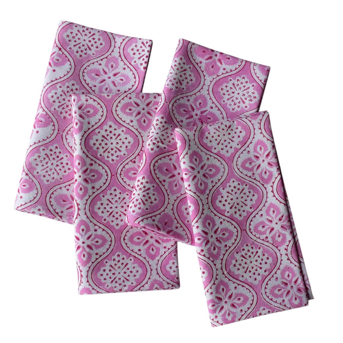 Hand Block Printed Cotton Napkin 45x45 cms Set of 4 Napkins Ogee Pink 701951
