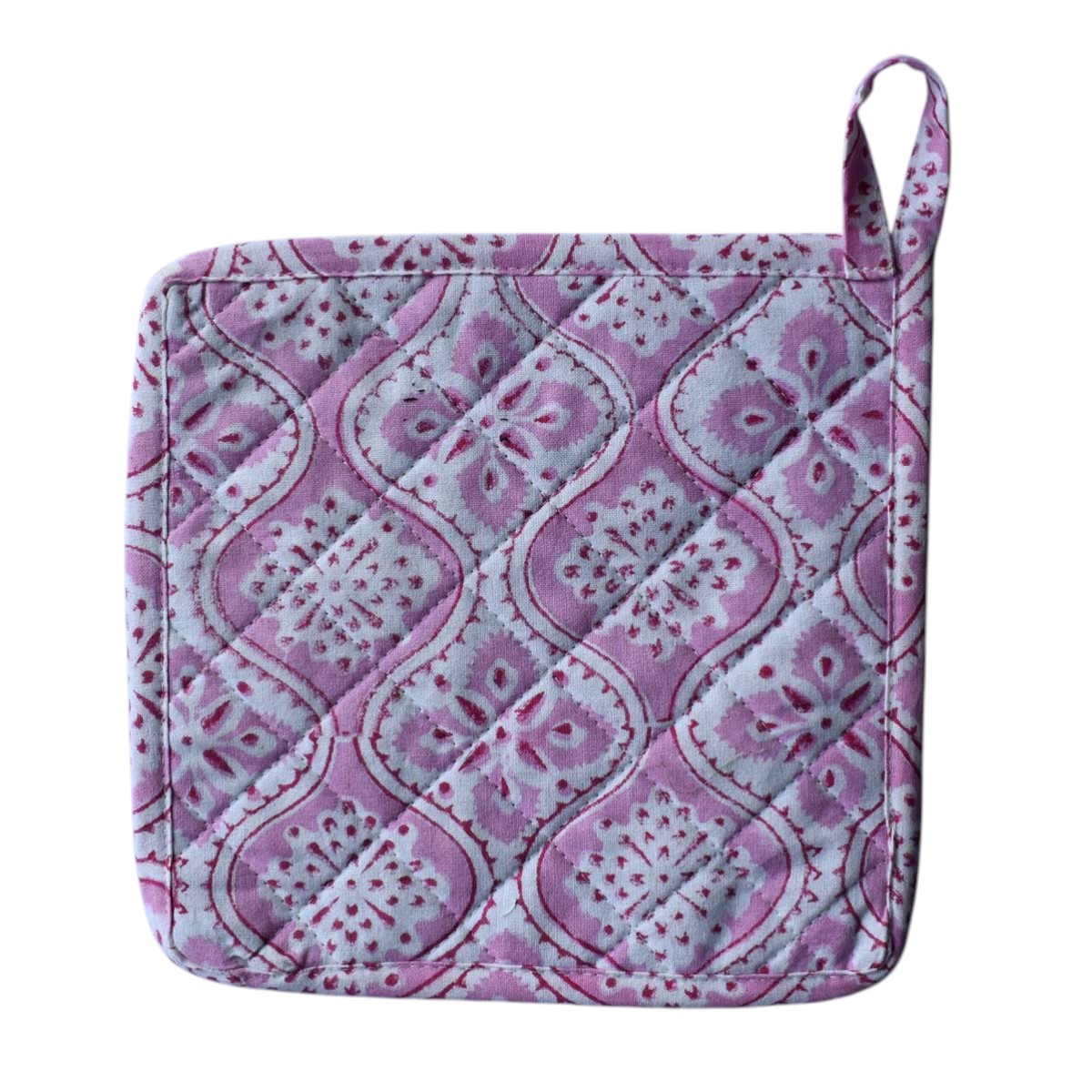 Artisan-Made Hand Block Printed Oven Mitt and Pot Holder Set  Ogee Pink 701951