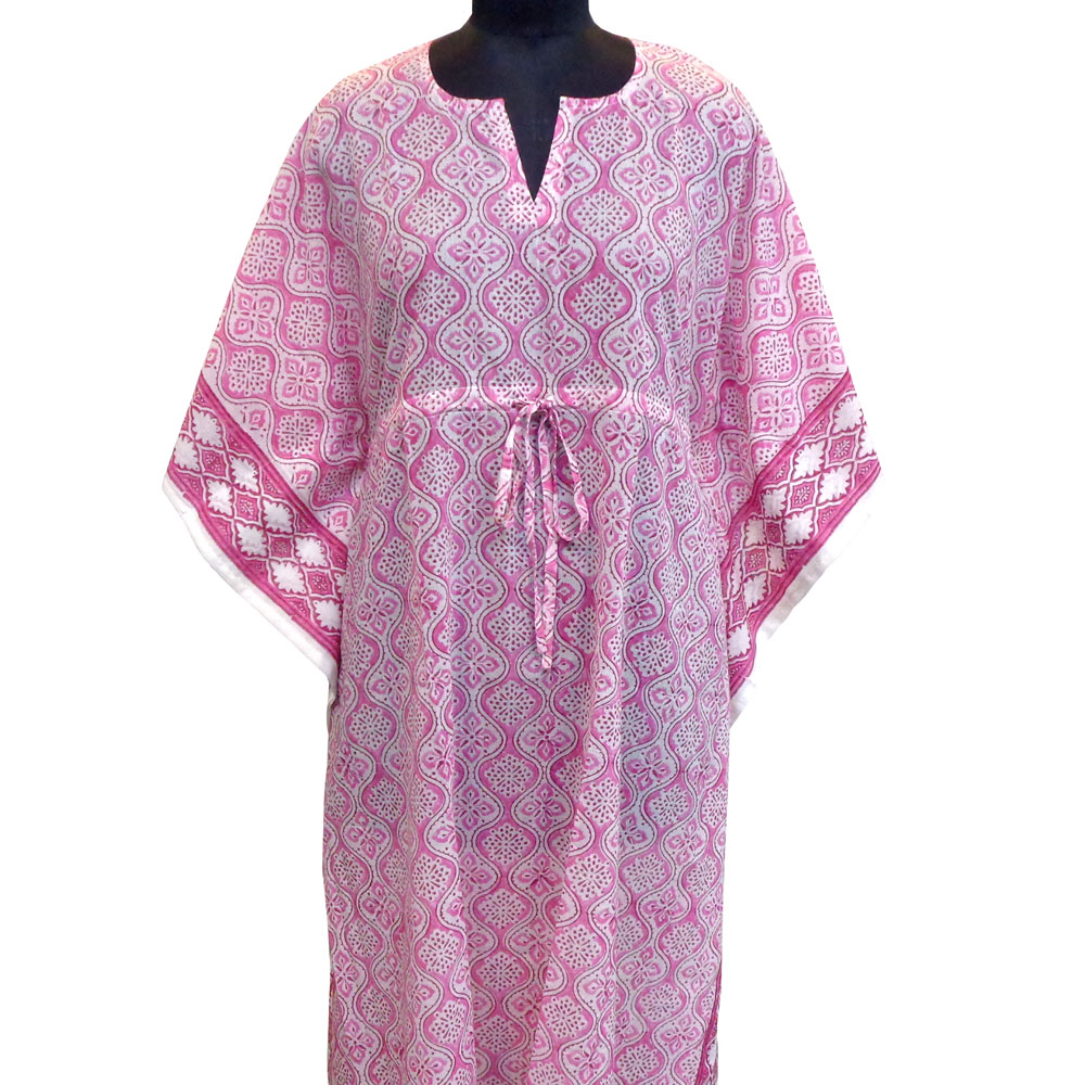 Long Size Kaftan Free Size Indian Block-Printed Loungewear in Soft Cotton Voile Ogee Pink 701951