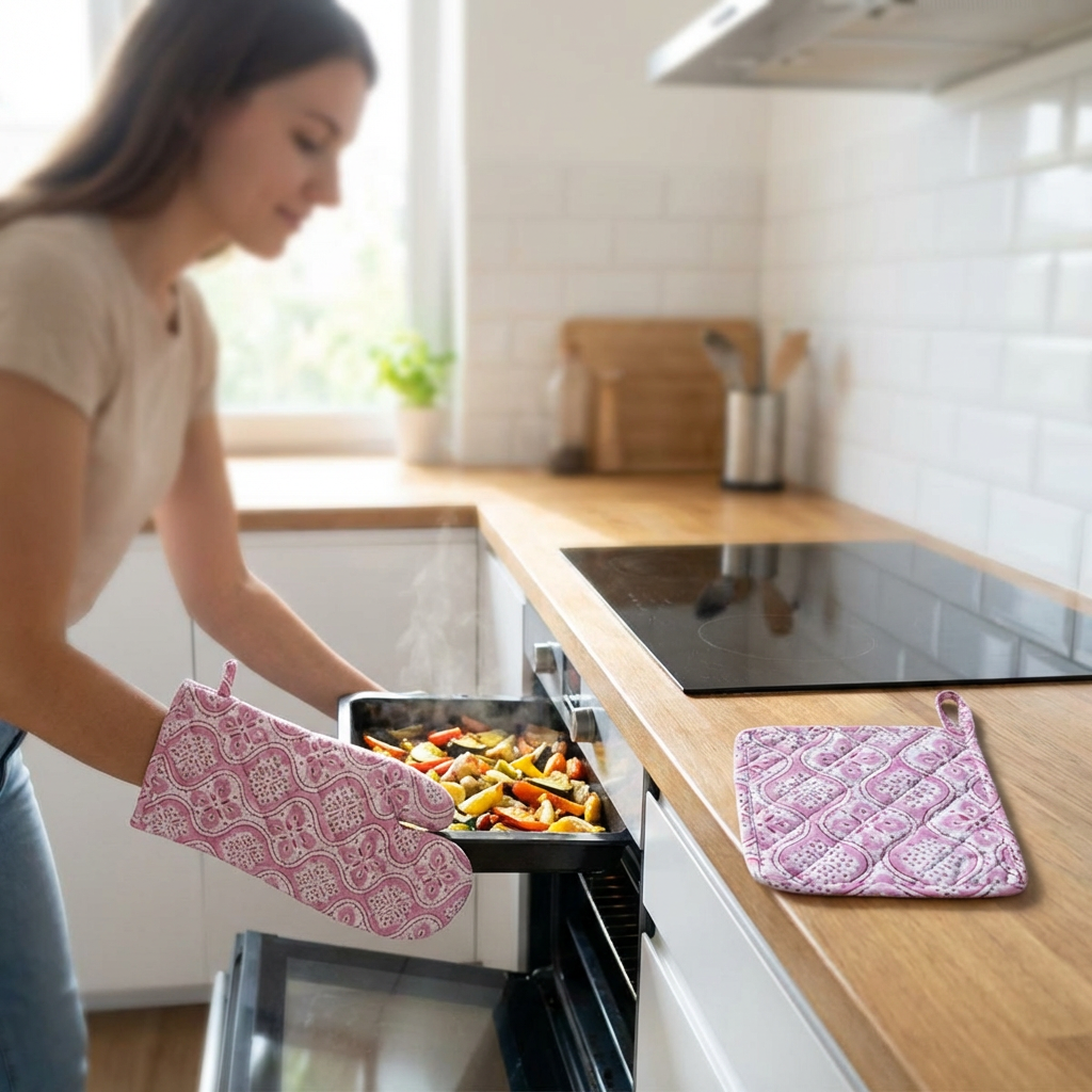 Artisan-Made Hand Block Printed Oven Mitt and Pot Holder Set Ogee Pink 701951
