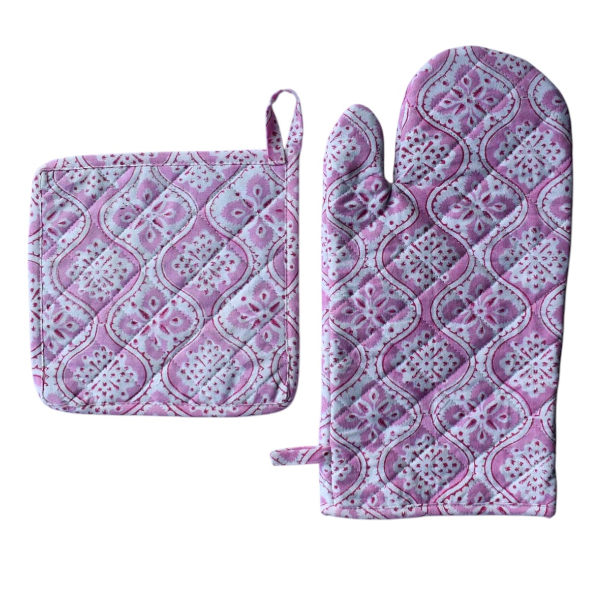 Artisan-Made Hand Block Printed Oven Mitt and Pot Holder Set Ogee Pink 701951