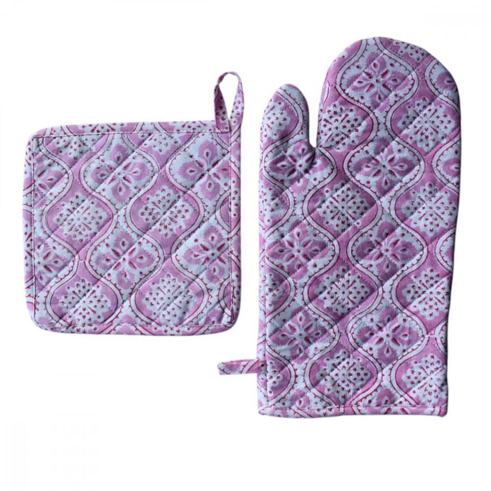 Image of Artisan-Made Hand Block Printed Oven Mitt and Pot Holder Set | Ogee Pink 701951
