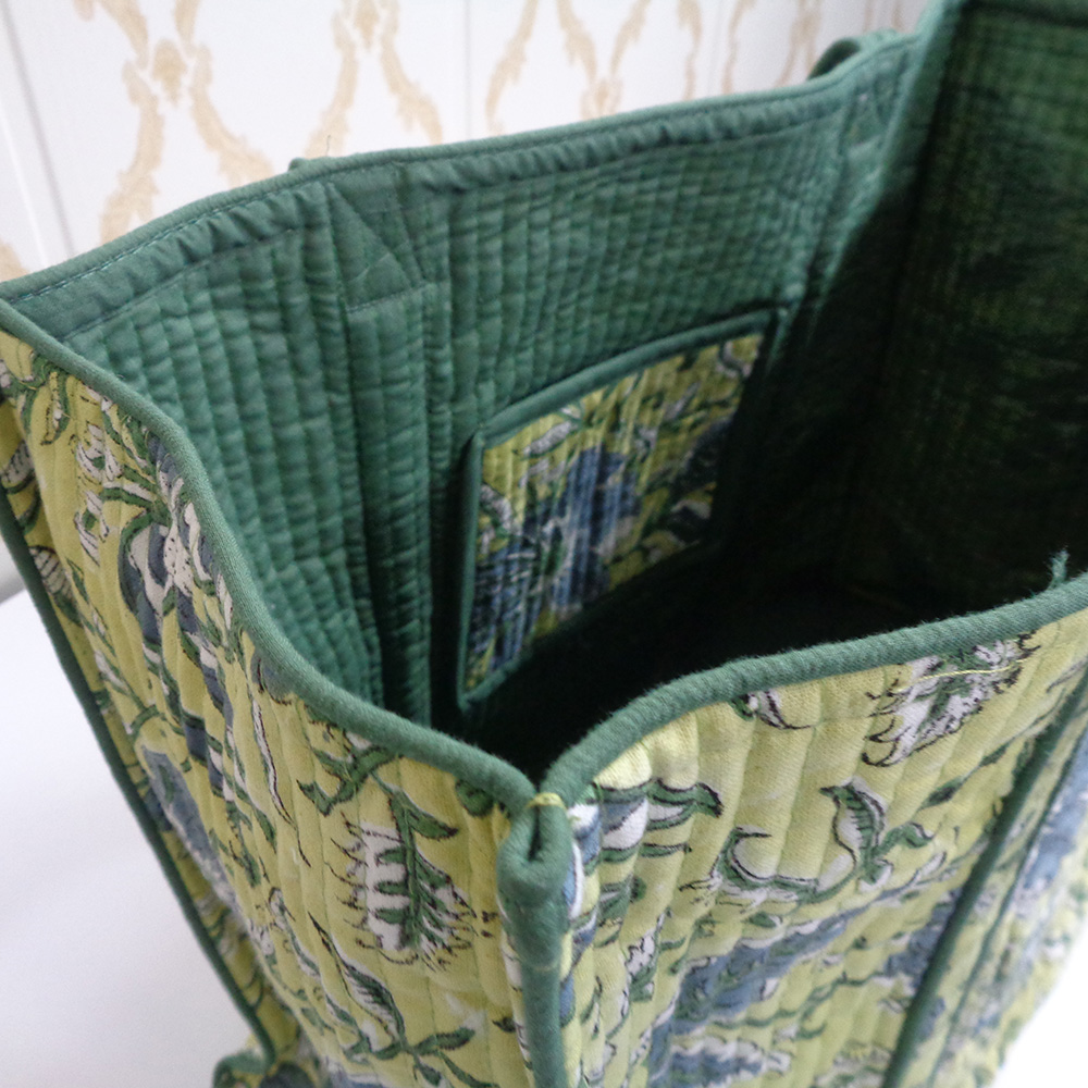 Hand Block Printed Cotton Quilted Tote Bag Olive Flower Gud 602183