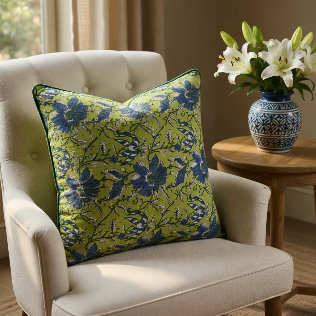Piping Cushion Cover 50x50 cms Olive Flower Gud 600007