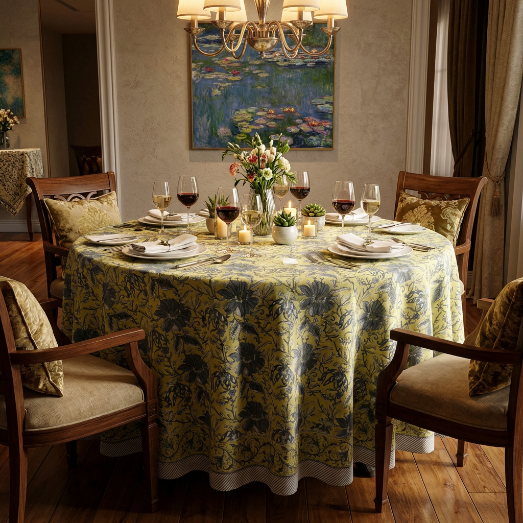 Hand Block Printed Cotton Round Tablecloth 180 cms Olive Flower Gud 602183