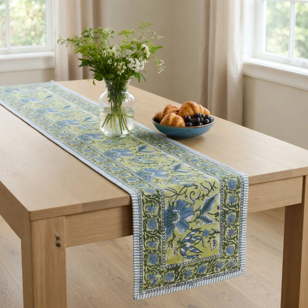 Hand Block Printed Cotton Canvas Table Runner 33x120 cms Olive Flower Gud 602183