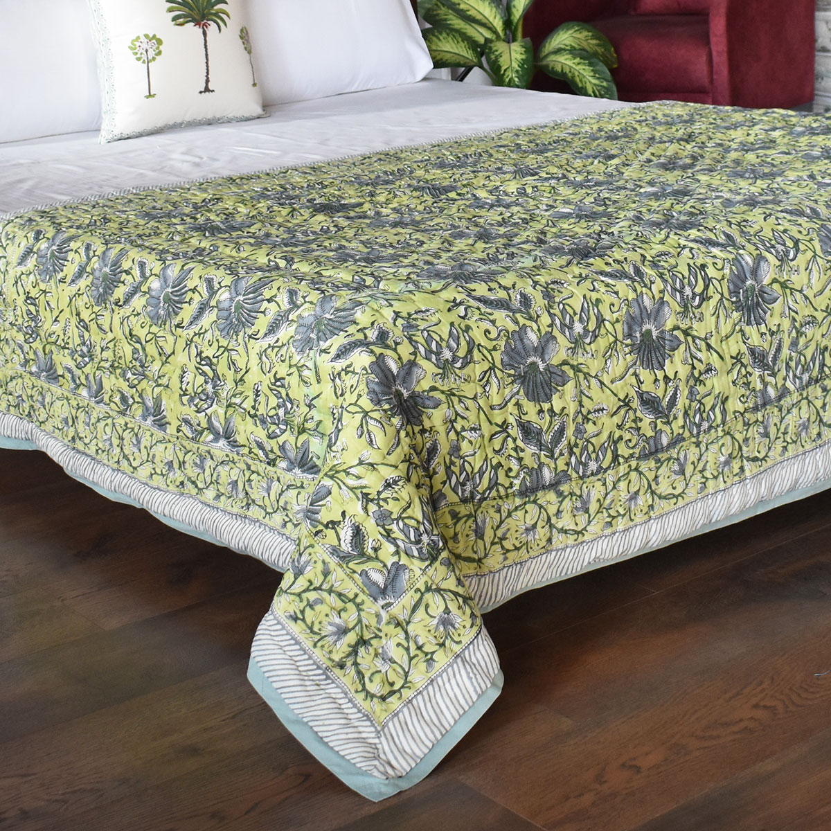 Hand Block Printed Cotton Twin Size Quilt Olive Flower Gud 602183