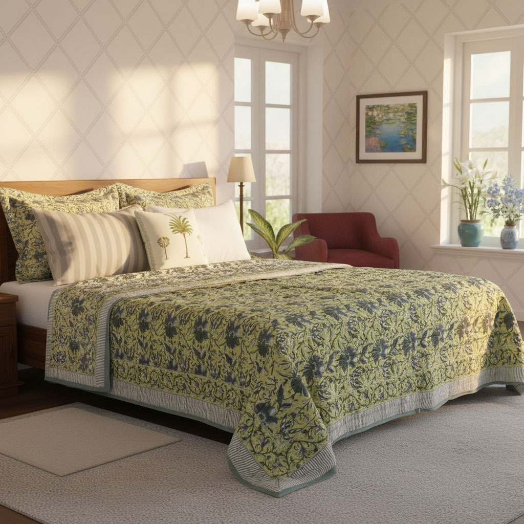 Hand Block Printed Cotton Queen Size Quilt Olive Flower Gud 602183