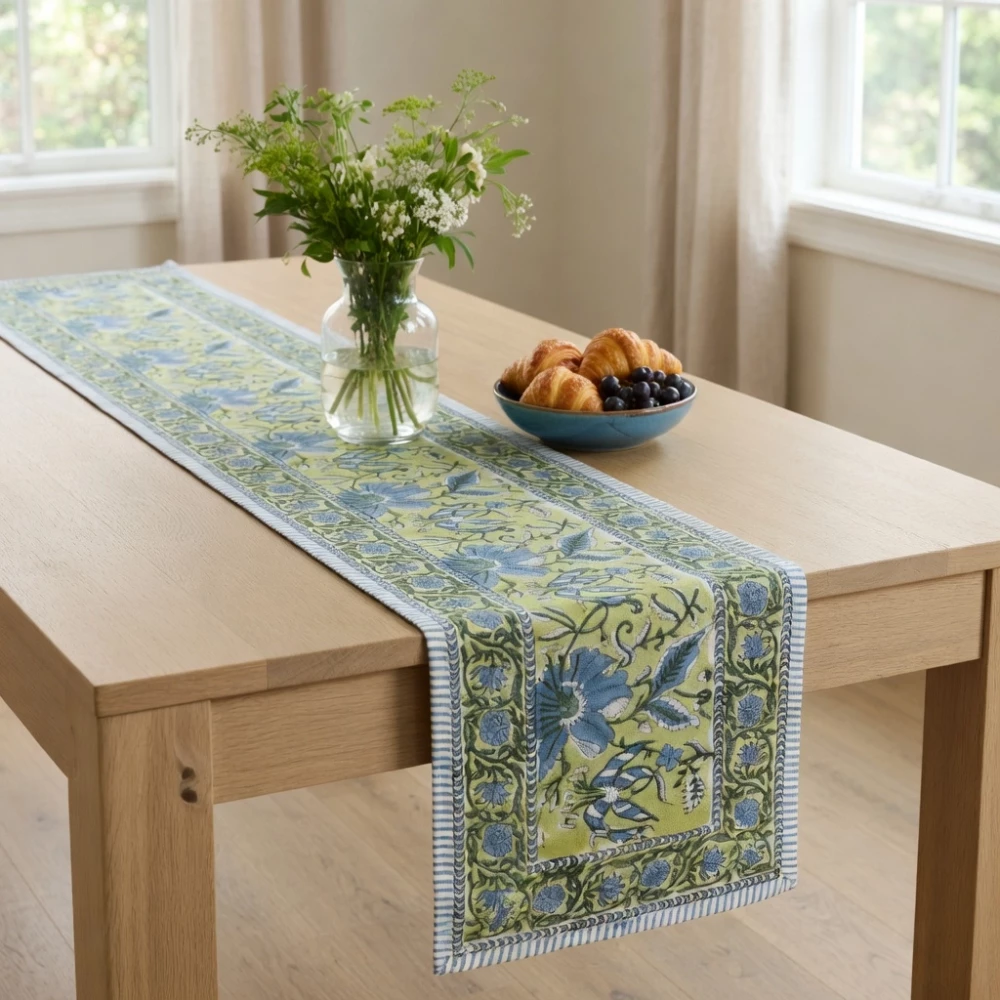 Image of Hand Block Printed Cotton Canvas Table Runner 33x170 cms | Olive Flower Gud 602183