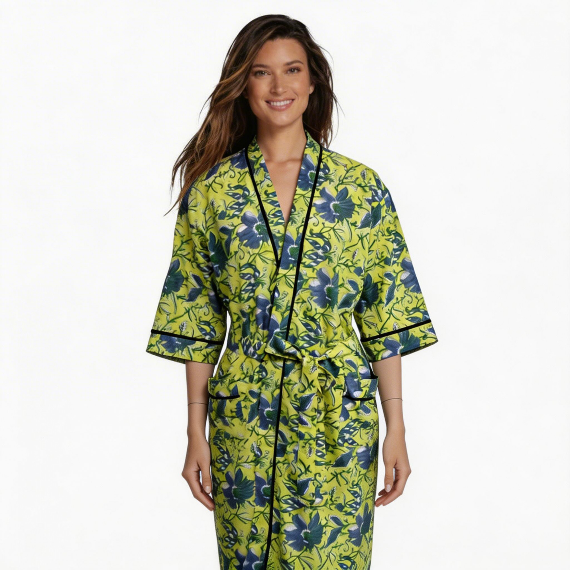 Indian Block-Printed 100 Cotton Kimono Olive Flower Gud 602183