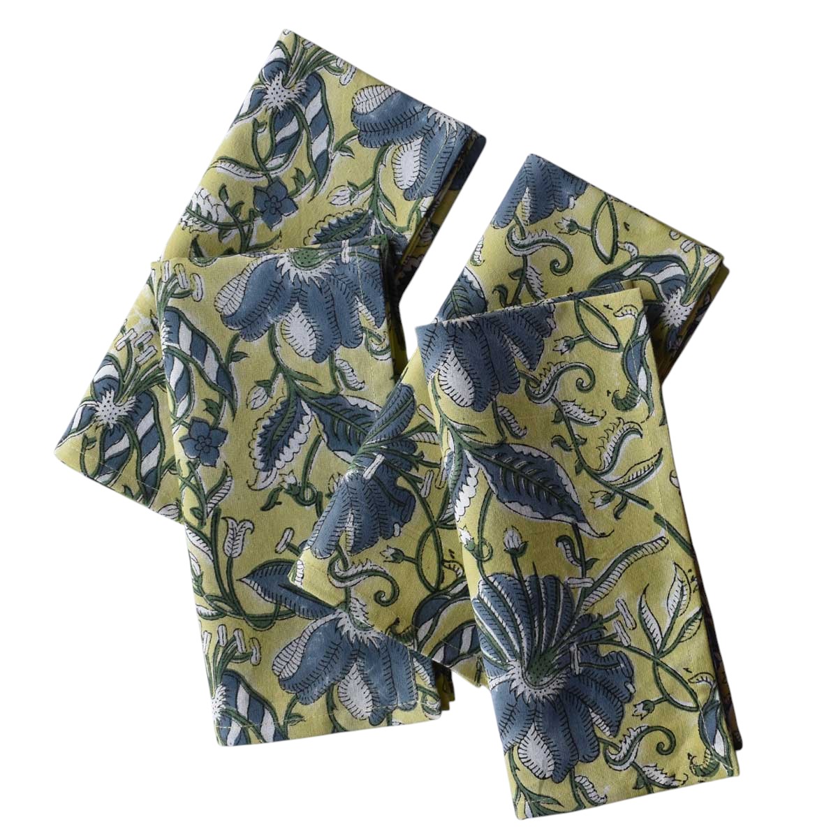 Hand Block Printed Cotton Napkin 45x45 cms Set of 4 Napkins Olive Flower Gud 602183