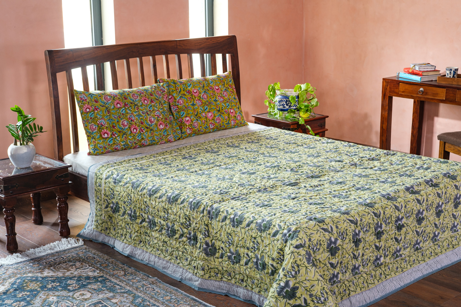 Hand Block Printed Cotton Queen Size Quilt Olive Flower Gud 602183