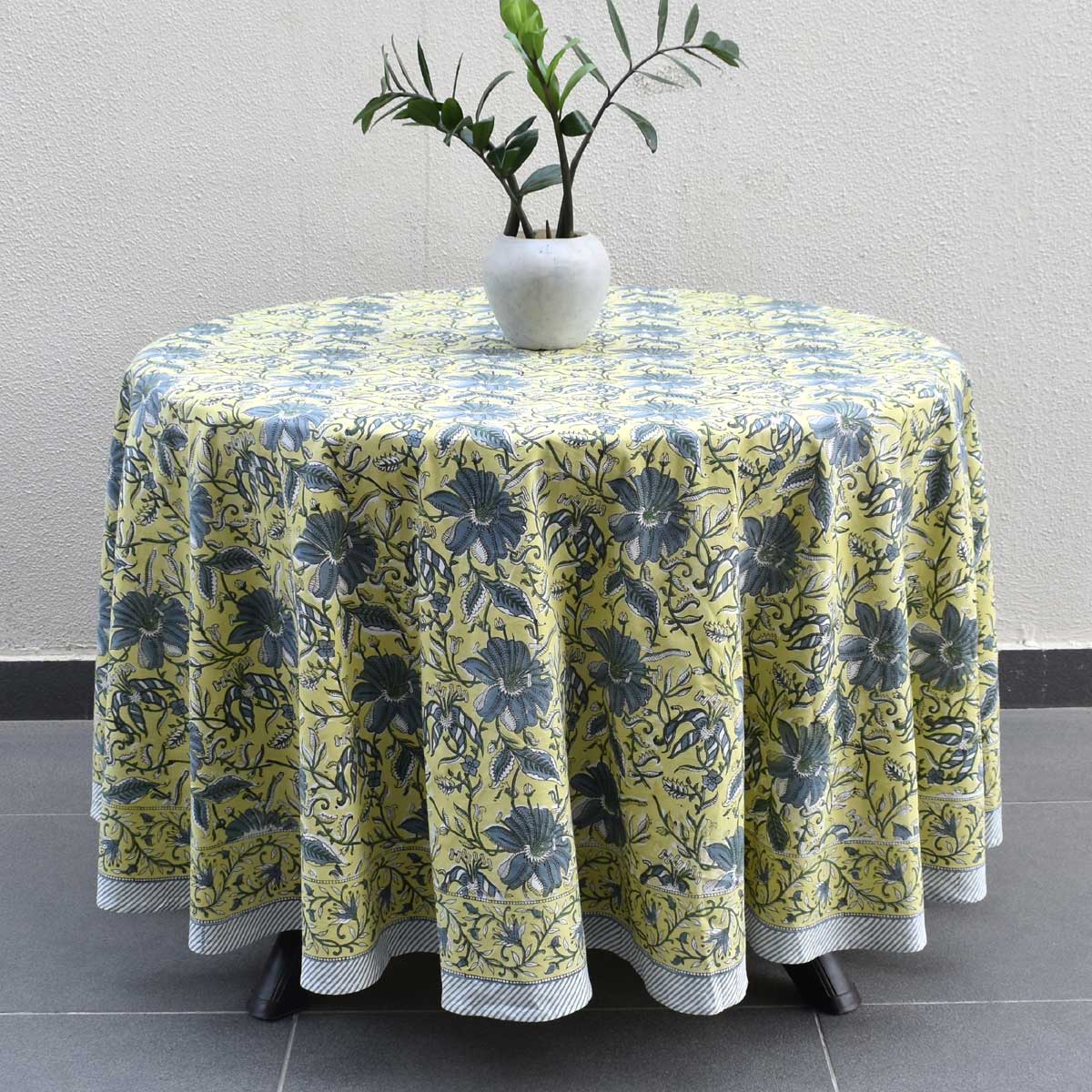 Hand Block Printed Cotton Round Tablecloth 180 cms Olive Flower Gud 602183