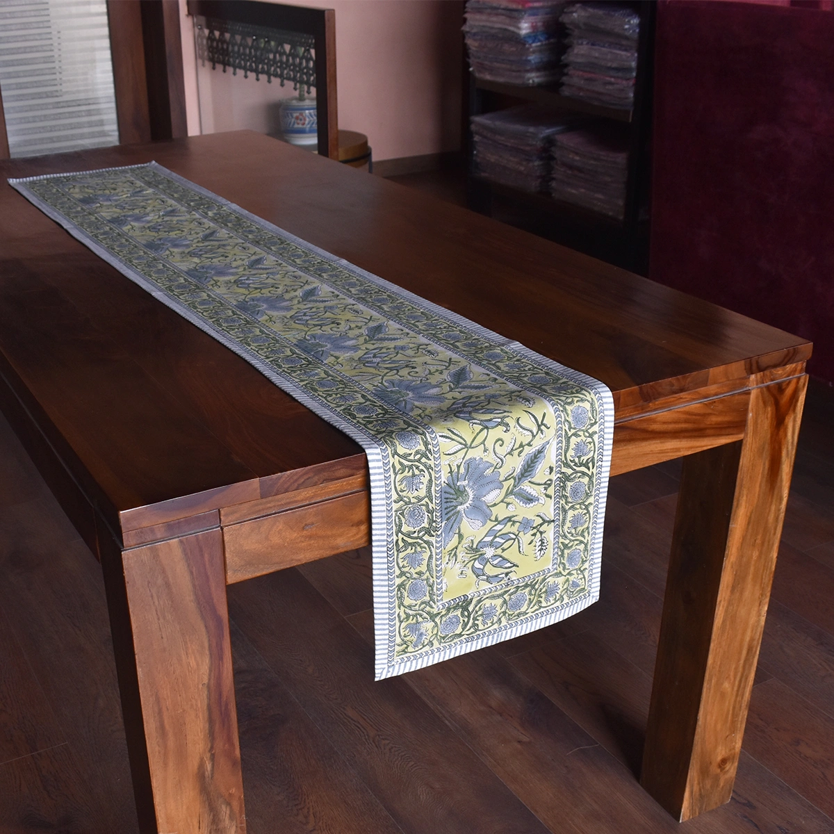 Hand Block Printed Cotton Canvas Table Runner 33x170 cms Olive Flower Gud 602183