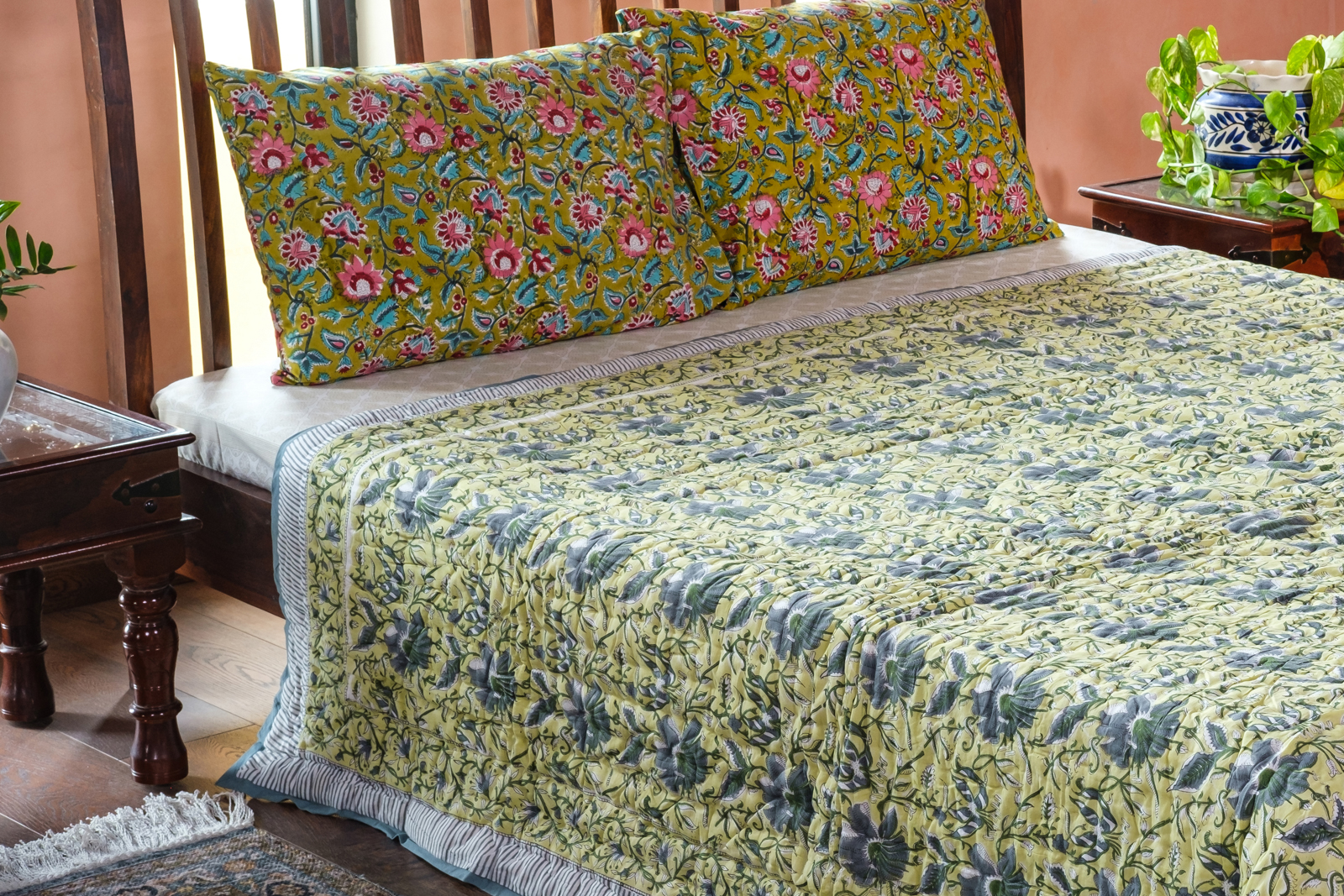 Hand Block Printed Cotton Queen Size Quilt  Olive Flower Gud 602183