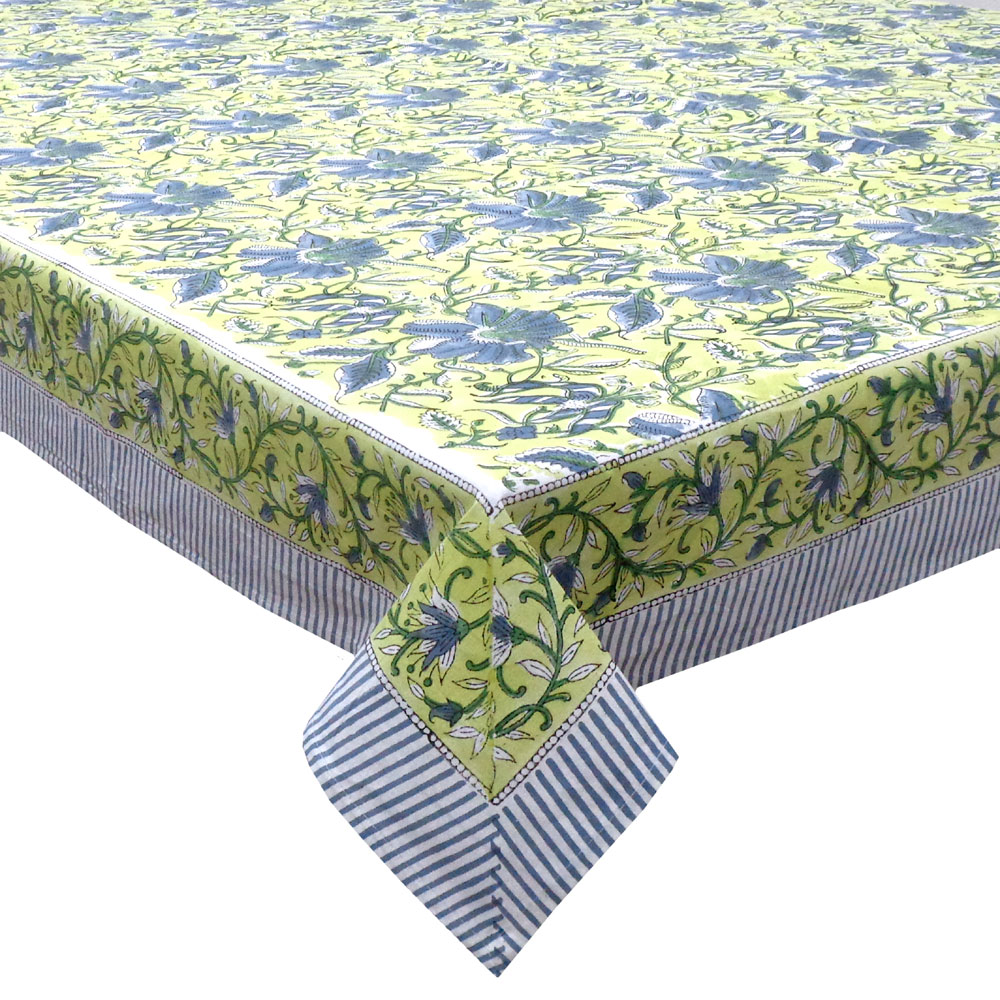 Hand Block Printed Cotton Tablecloth 180x270 cms Olive Flower Gud 602183