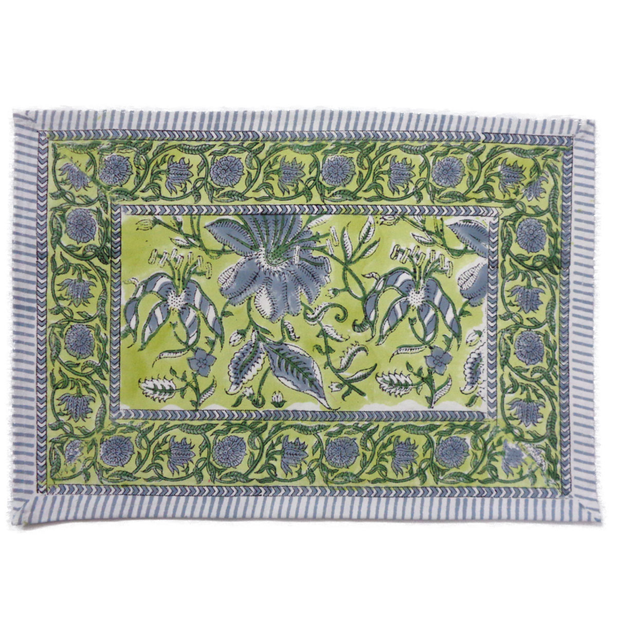 Hand Block Printed Cotton Canvas Table Mat 32x48 cms Set of 2 Table mats Olive Flower Gud 602183