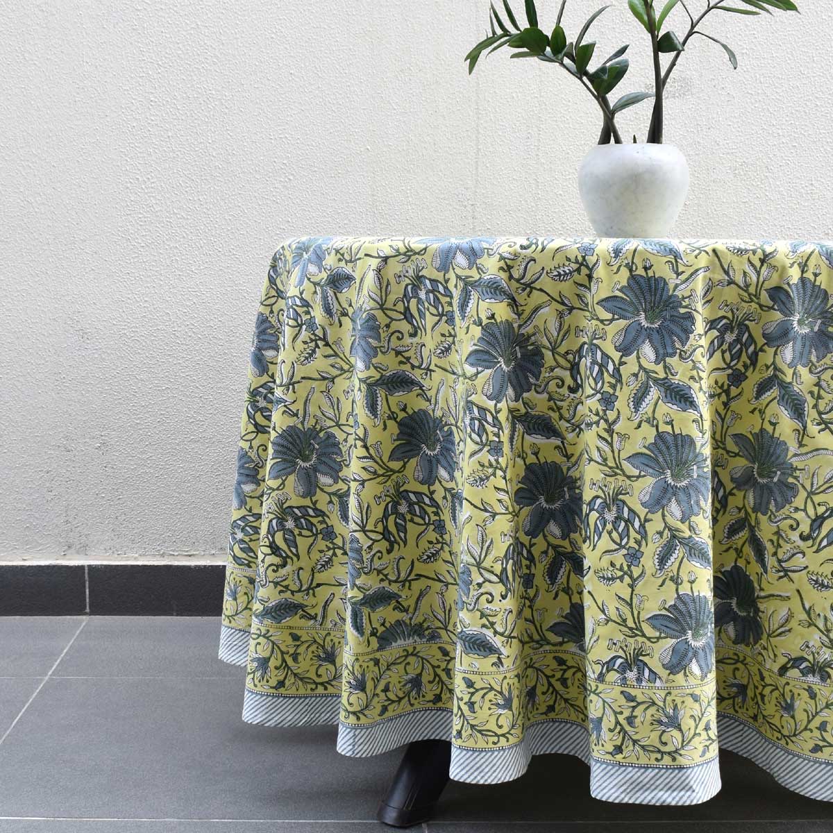 Hand Block Printed Cotton Round Tablecloth 180 cms Olive Flower Gud 602183