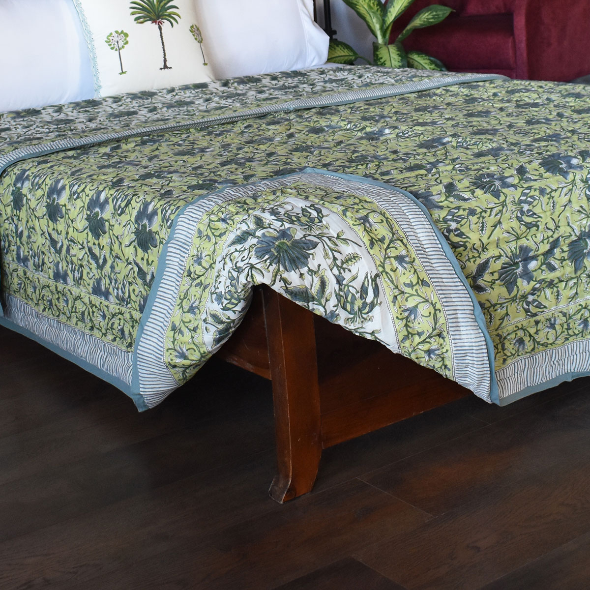 Hand Block Printed Cotton Queen Size Quilt Olive Flower Gud 602183