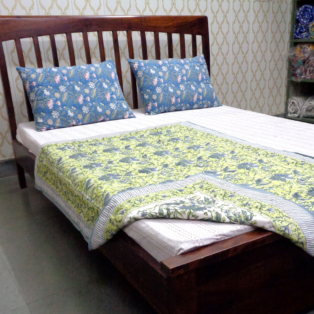 Hand Block Printed Baby Quilt 100x140 cm Jaipur Razai Olive Flower Gud 602183