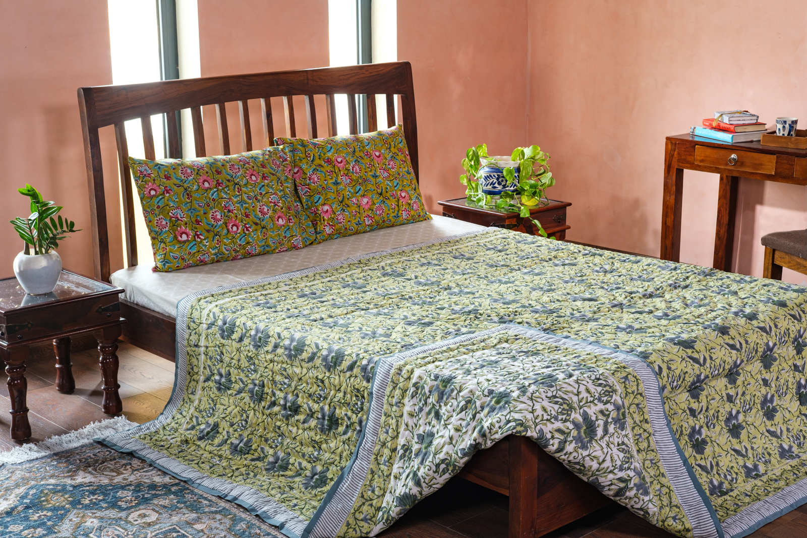 Hand Block Printed Cotton Queen Size Quilt  Olive Flower Gud 602183