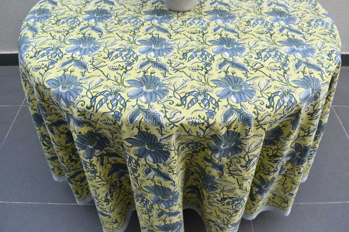 Hand Block Printed Cotton Round Tablecloth 220 cms Olive Flower Gud 602183