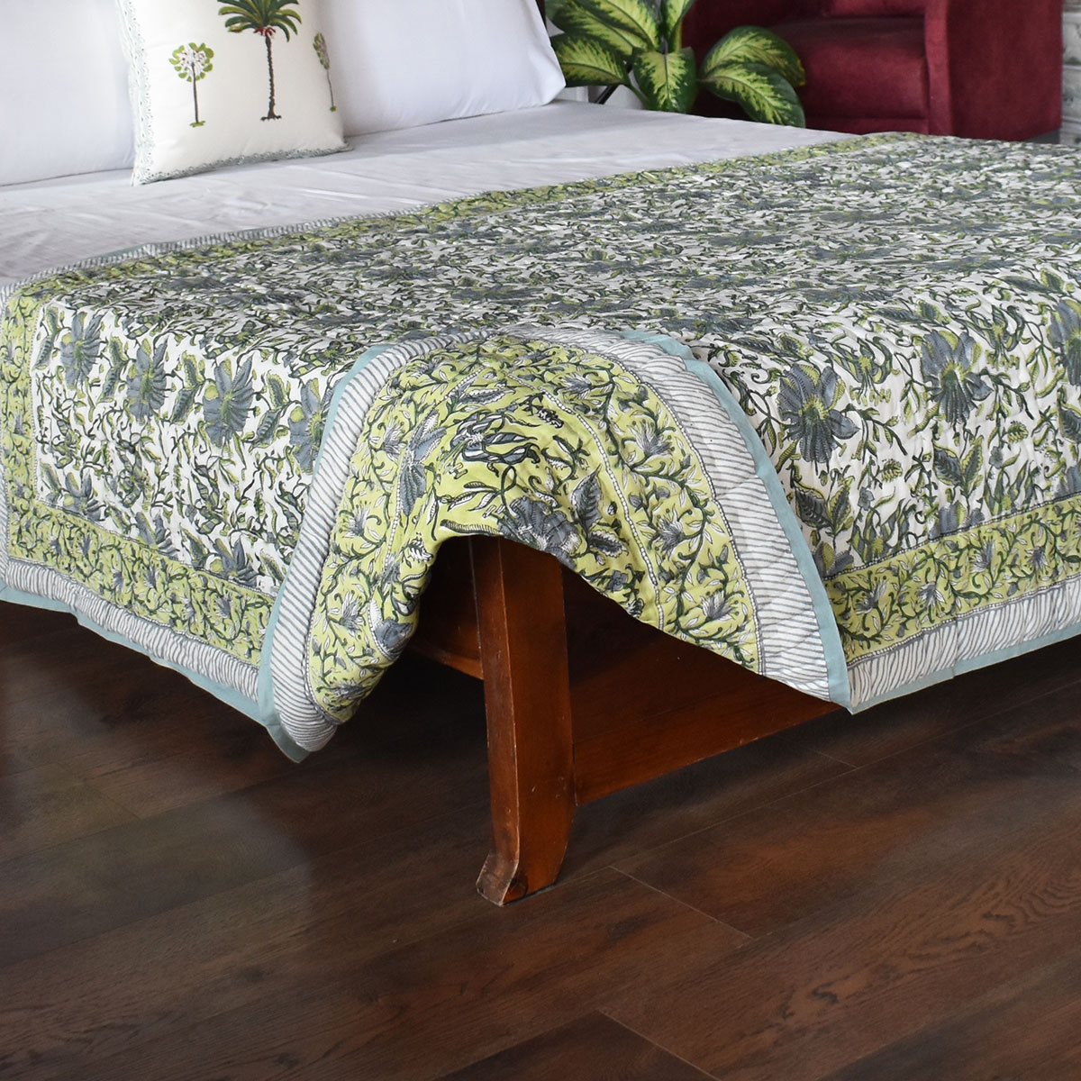 Hand Block Printed Cotton Twin Size Quilt Olive Flower Gud 602183