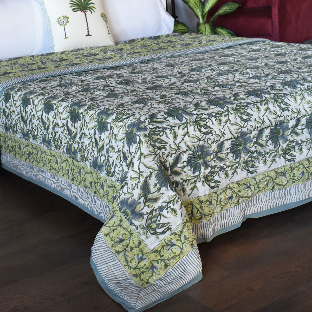 Hand Block Printed Cotton Queen Size Quilt Olive Flower Gud 602183
