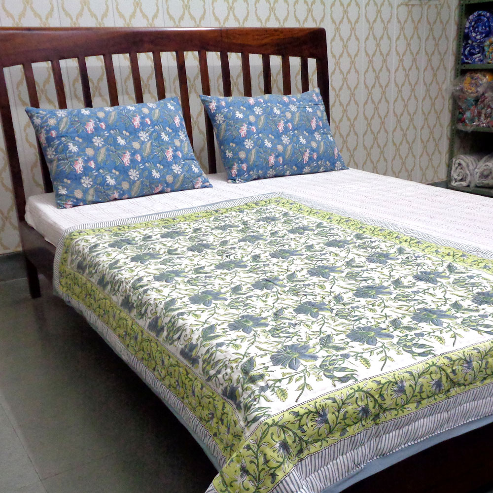 Hand Block Printed Baby Quilt 100x140 cm Jaipur Razai Olive Flower Gud 602183