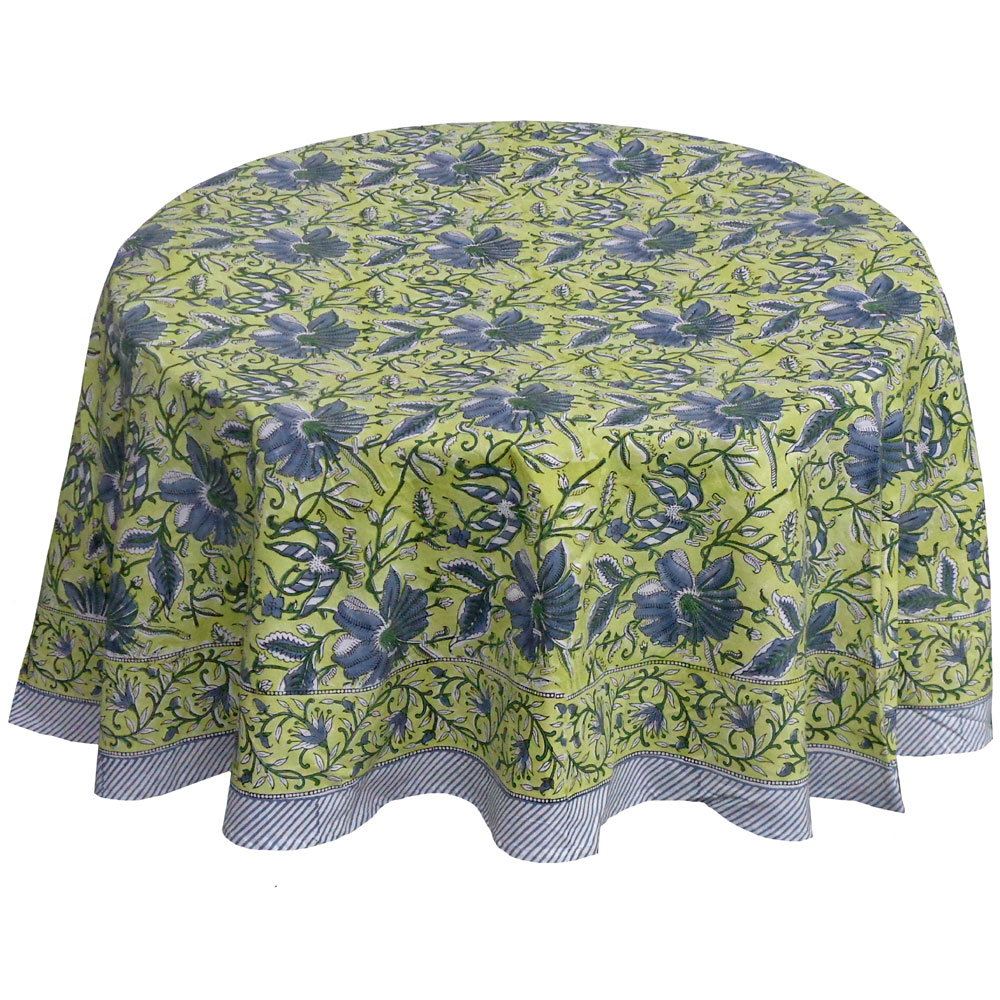 Hand Block Printed Cotton Round Tablecloth 220 cms Olive Flower Gud 602183