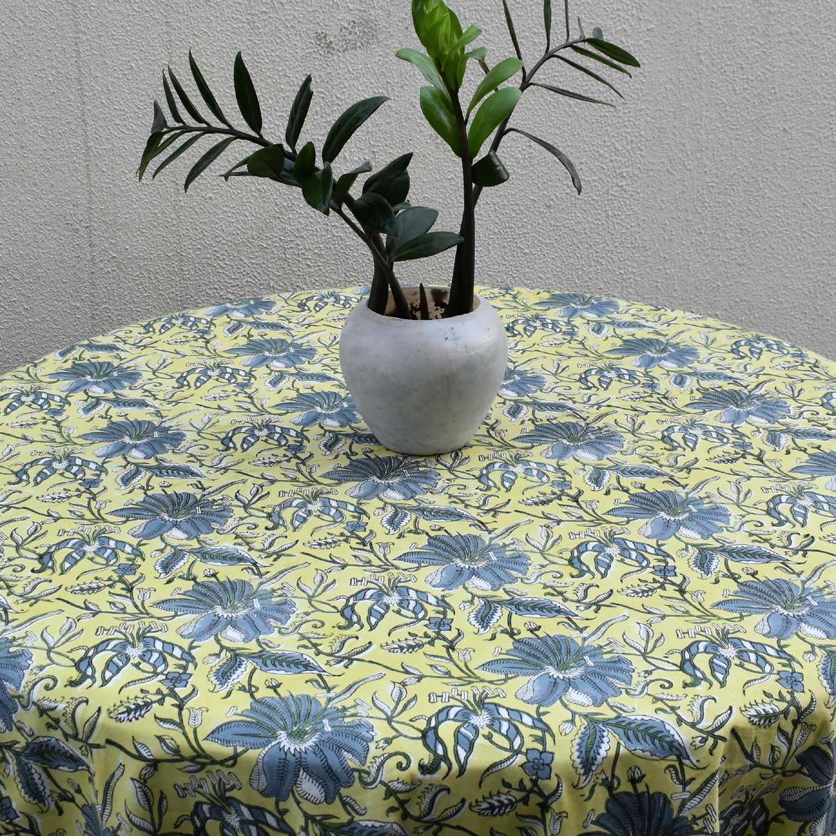 Hand Block Printed Cotton Round Tablecloth 220 cms Olive Flower Gud 602183