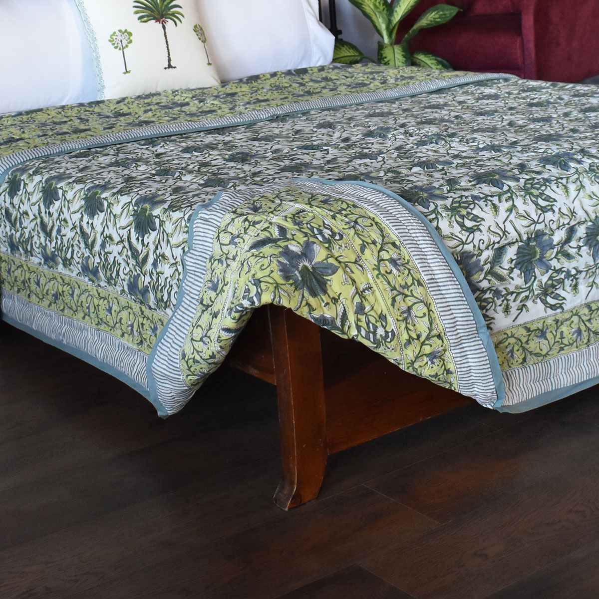 Hand Block Printed Cotton Queen Size Quilt Olive Flower Gud 602183