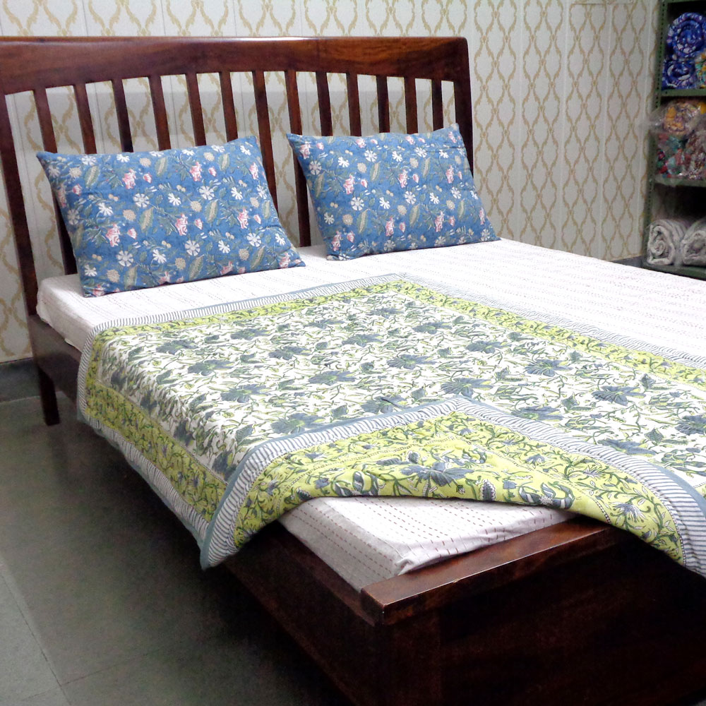 Hand Block Printed Baby Quilt 100x140 cm Jaipur Razai Olive Flower Gud 602183