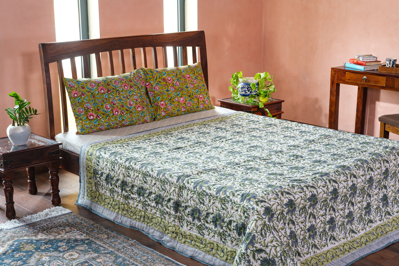 Hand Block Printed Cotton Queen Size Quilt  Olive Flower Gud 602183