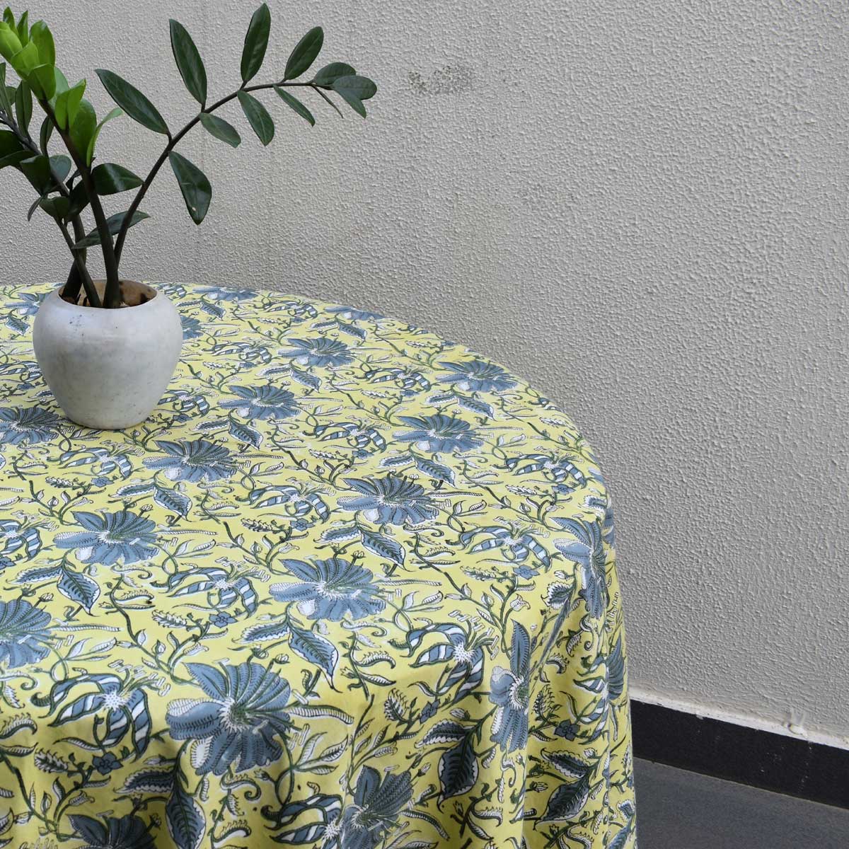 Hand Block Printed Cotton Round Tablecloth 180 cms Olive Flower Gud 602183