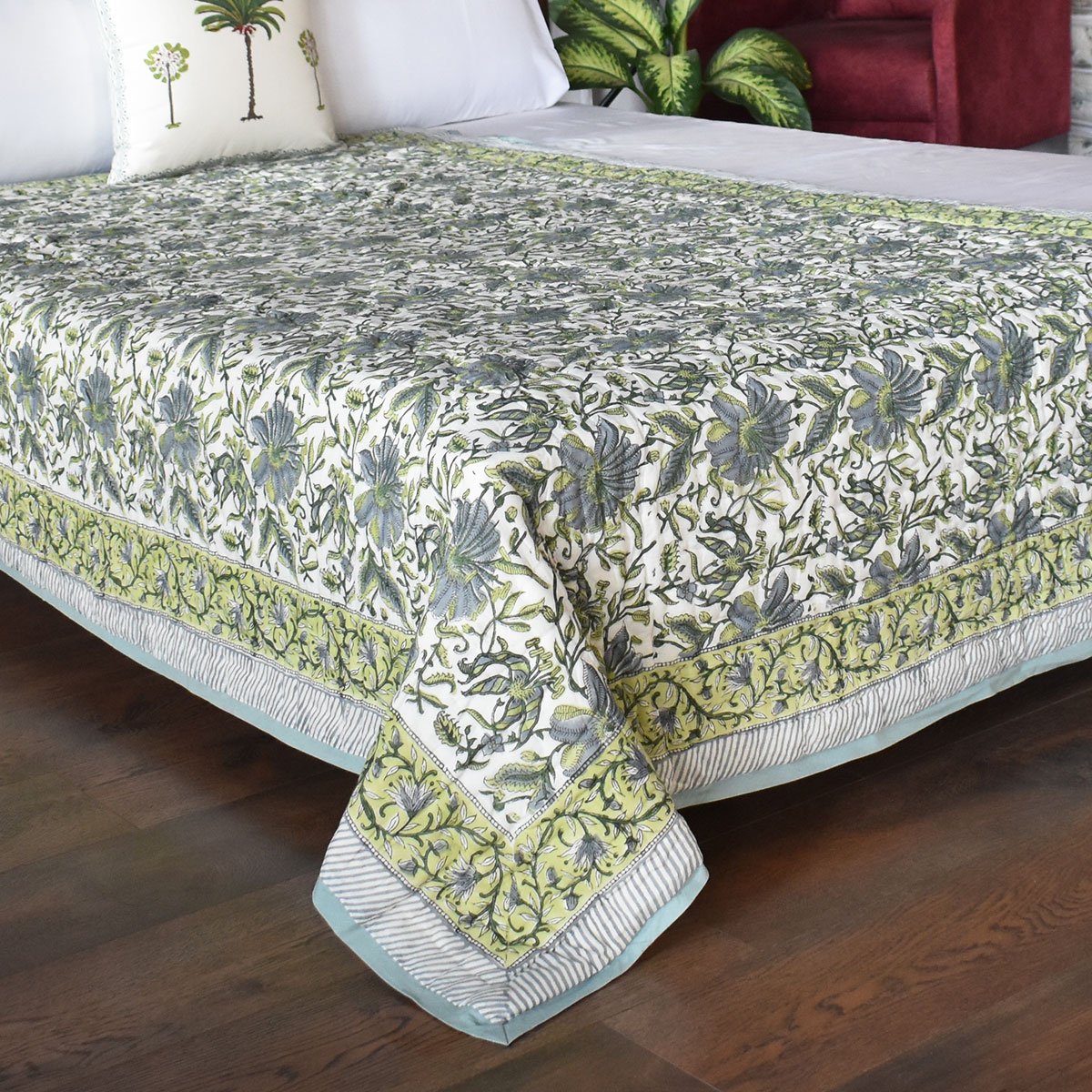 Hand Block Printed Cotton Twin Size Quilt Olive Flower Gud 602183