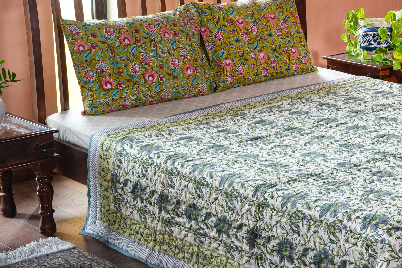 Hand Block Printed Cotton Queen Size Quilt  Olive Flower Gud 602183