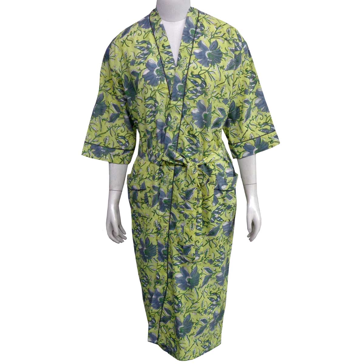 Indian Block-Printed 100 Cotton Kimono Olive Flower Gud 602183