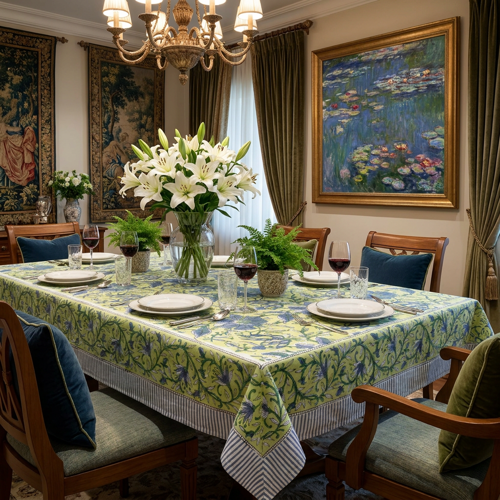 Hand Block Printed Cotton Tablecloth 180x270 cms Olive Flower Gud 602183