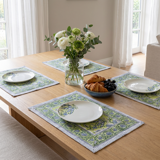 Hand Block Printed Cotton Canvas Table Mat 32x48 cms Set of 2 Table mats Olive Flower Gud 602183