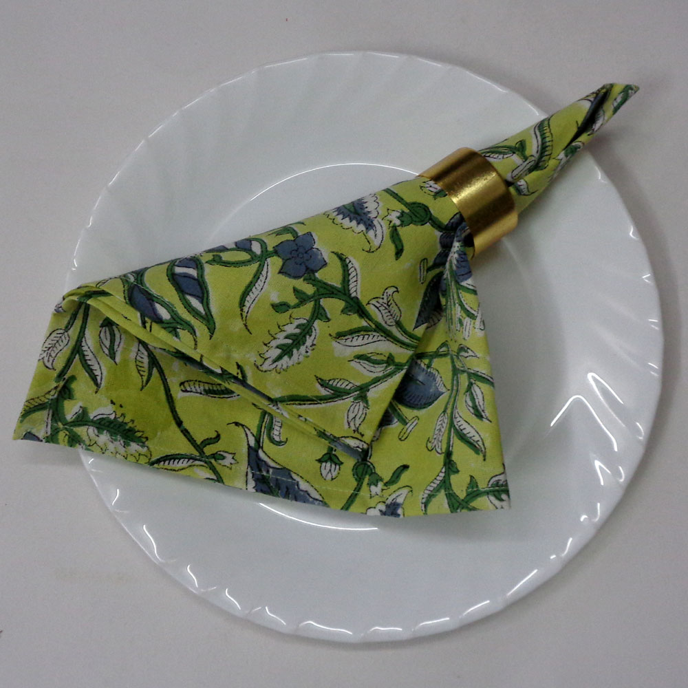 Hand Block Printed Cotton Napkin 45x45 cms Set of 4 Napkins Olive Flower Gud 602183