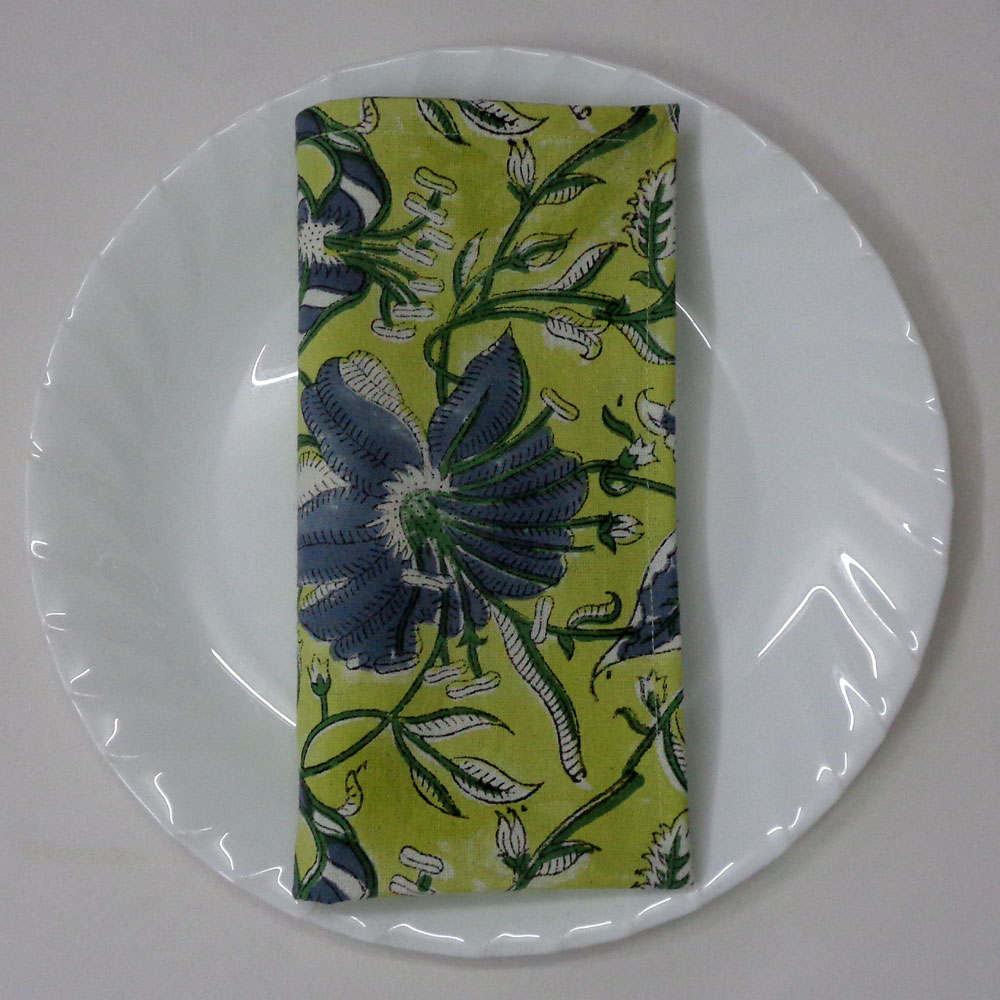 Hand Block Printed Cotton Napkin 45x45 cms Set of 4 Napkins Olive Flower Gud 602183
