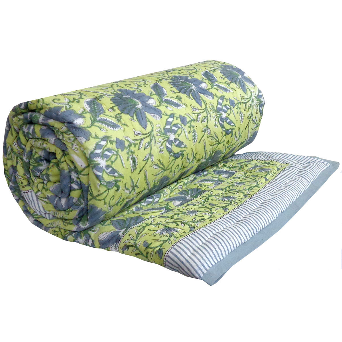 Hand Block Printed Cotton Queen Size Quilt  Olive Flower Gud 602183