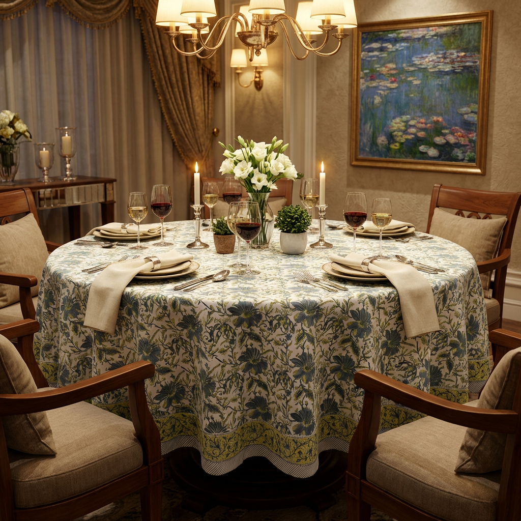 Hand Block Printed Cotton Round Tablecloth 180 cms  Olive Flower Open 602178