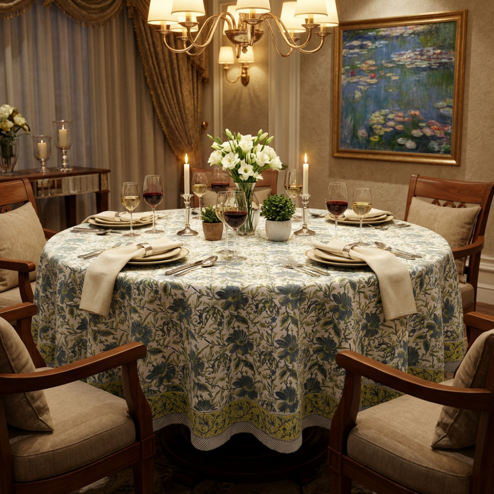 Image of Hand Block Printed Cotton Round Tablecloth 220 cms| Olive Flower Open 602178